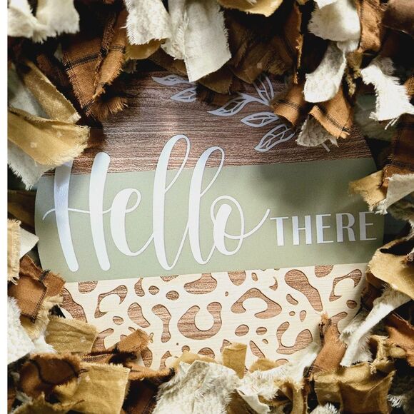 Hello There Shades of Brown Fabric Rag Wreath Door Decor Shabby Chic Decor 18" - Picture 3 of 13